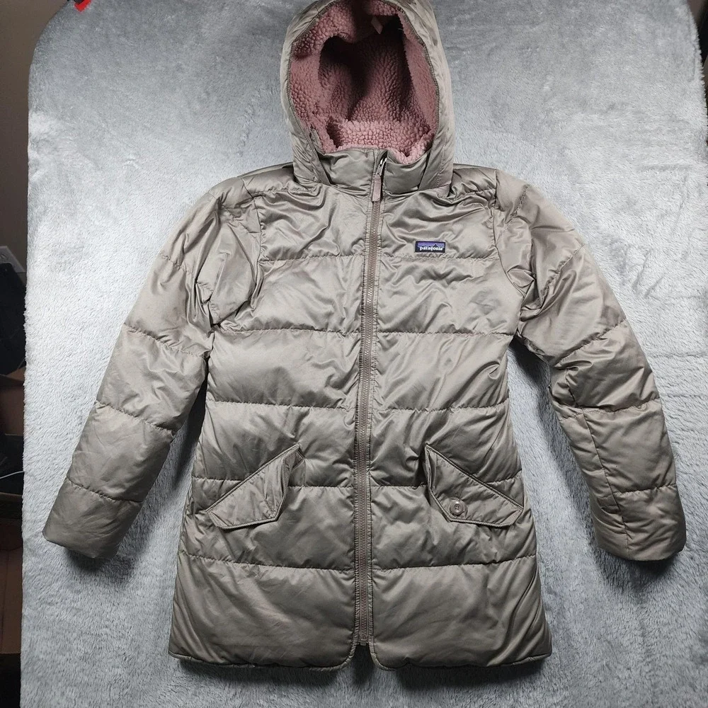 Patagonia Jacket Girls 14 Gray Down Puffer Hooded Fleece Lined Winter Ski